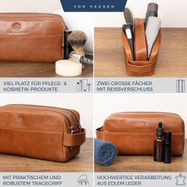 VON HEESEN Toiletry Bag Leather Toiletry Bag for Men and Women - Genuine Leather Necessaire Ideal for Travel - Wash Bag and Cosmetic Bag, Cognac Brown (Smooth), 2 main compartments