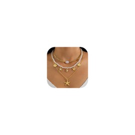 Starfish Necklace Puka Shell Necklace for Women Pearl Layered Necklaces Beachy Jewelry for Women