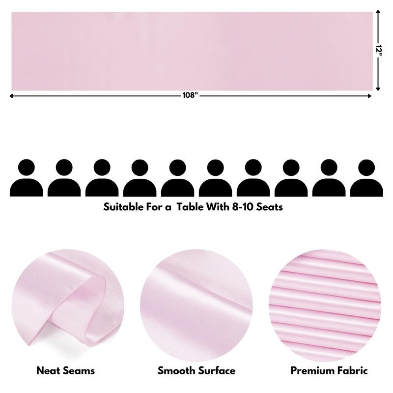 Light Pink Table Runner 12x108 Inches Long, Satin Silk-Like Smooth