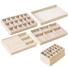 Lijinhe Velvet Jewelry Box Organizer Set of 4 Trays – Soft Fabric Drawer Compartments for Bracelets, Earrings, Rings | Beige, Includes 6-Slot, Open, 18-Slot & 3-Section Trays