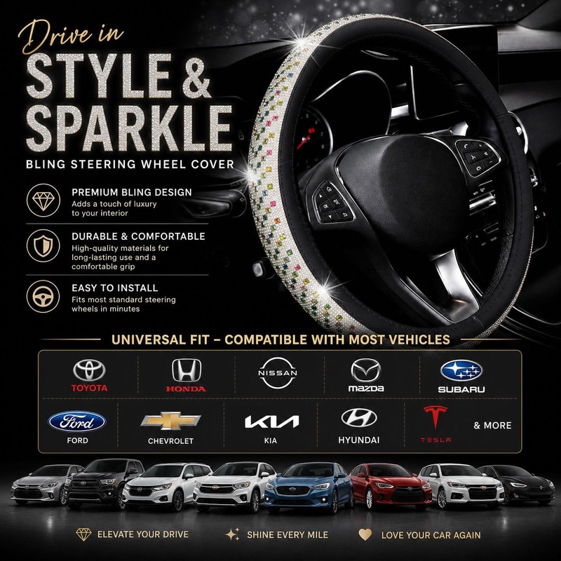 15" Sparkly Large Diamond Steering Cover for Women,Universal Fit (Colorful)