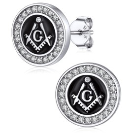 Tiny Stud Sterling Silver Masonic Freemasonry Earrings with Shiny CZ Accessories, Mini Cute Round Studs Stylish Earring for Mother Wife