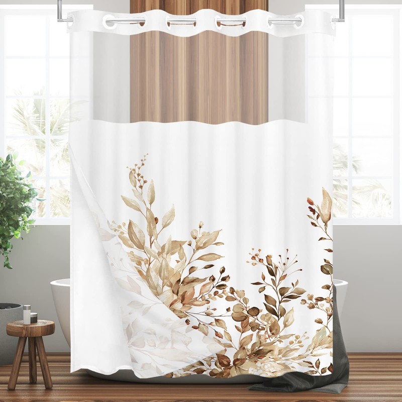 Tititex No Hooks Snap in Liner Tan Eucalyptus Leaves Shower