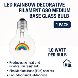 Festive Living LED Rainbow Colors Decorative Filament Light Bulb, G80 Globe, Medium E26 Base, 1W, Clear Glass, Indoor/Outdoor Tropical String Light Replacement - 1 Pack