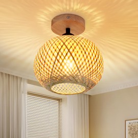 Kinberry Bamboo Ceiling Light, E27 Boho Rattan Light Fixture Semi Flush Ceiling Lights Handmade Rattan Lampshade, Wicker Pendant Light for Hallway Corridor Passway Entryway Farmhouse (No Lightsource)