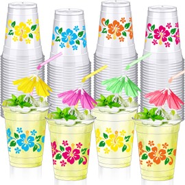 Jingmore 100 Set 12 oz Hawaiian Plastic Cups with Umbrella Straws Hibiscus Disposable Drinking Cups for Beach Hawaiian Luau Party Supplies Drinkware Decorations