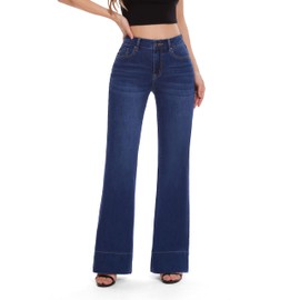 FLYING BANANA Women's Flare High Waisted Bell Bottom Wide Leg Baggy Stretch Denim Jeans (Dark Blue, 10)