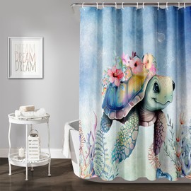 AILONEN Sea Turtle Shower Curtain,Kawaii Sea Turtle Bath Curtain Cloth Fabric Bathroom 60" W*72" H Inch,12 Pack Hooks for Kids,Ocean Animal Themed Bathroom Curtain