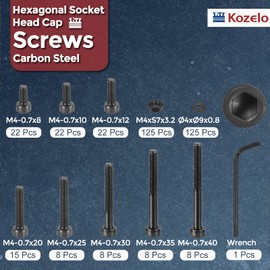 Kozelo 365pcs M4 Socket Head Cap Screws Bolts Nuts Assortment Kit - [M4x8/10/12/20/25/30/35/40mm] Alloy Steel Black Oxide 12.9 Internal Hex Screw for 3D Printer Use, with Wrench