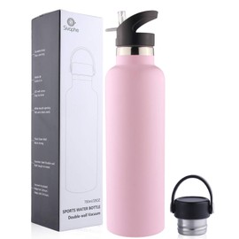 Sivaphe 25oz Stainless Steel Sport Water Bottle with Straw and 2 Lids, Double Wall Vacuum Insulated Water (Pink)