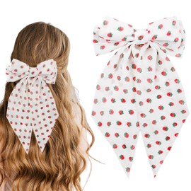 Strawberry Hair Bow Clips Chiffon Hair Bows for Women Fruit Big Bow Hair Clips for Girls Silky Satin Large Hair Barrettes White Red Hairpins for Thick Thin Hawaii Bows Strawberry Hair Accessories 1Pcs