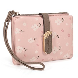 UTO Women's Large and Small Purse Flowers Many Compartments with Coin Compartment PU Leather Press Stud Zip Lightweight Wallet for Women Slim Wallet Boys Purse for Gift, Flower Small Pink, Casual