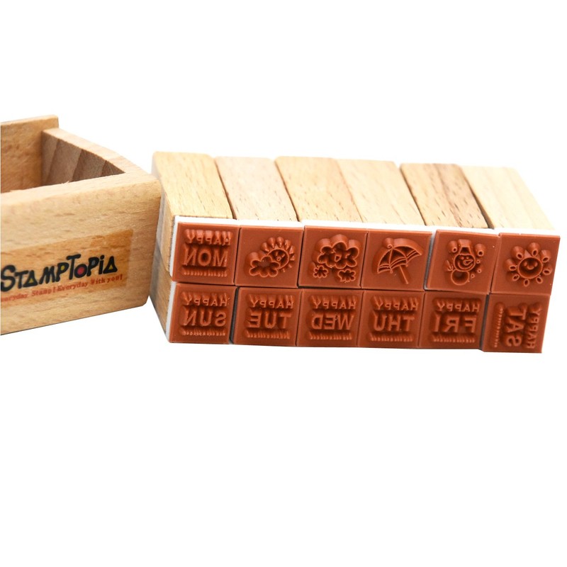 Youkwer 12 Pcs Mini Cute Wooden Rubber Stamps DIY Diary