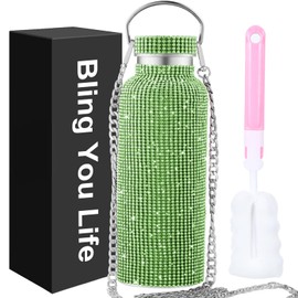 WINCHERRIA Diamond Water Bottle,Bling Water Bottle Rhinestone Stainless Steel Thermal Bottle,Refillable Insulated Water Bottle,Glitter Water Bottle with 55in Chain,Queen Gifts for Bestie (Green)