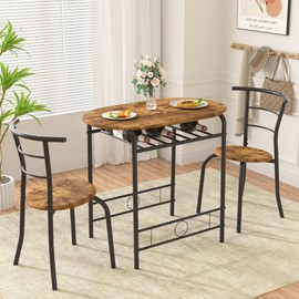 VECELO 3-Piece Dining Table Set for Kitchen Breakfast Nook, Wood Grain Oval Tabletop and Metal Frame with Built-in Wine Rack, for Small Spaces, 31.5", Antique & Black