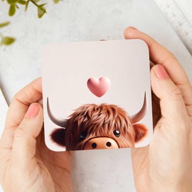Baby Highland Cow Coaster – Cork-Backed Premium Printed Coaster – Cute Fluffy Cow with Heart Design – Perfect Gift for Animal Lovers, Protects Surfaces