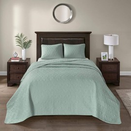 3 Piece Oversized King Bedspread to the Floor Set, Solid Seafoam Green Warm Tone, 120 Inches X 118 Inches, Coverlet Allover Quilt Drops Over Edge of King Beds, Microfiber, Stylish and Classic Stitched