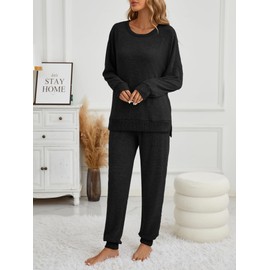 Famulily Womens 2 Piece Casual Cozy Lounge Sets Fall Casual Long Sleeve Crewneck Ribbed Sweatshirts And Jogger Black XL