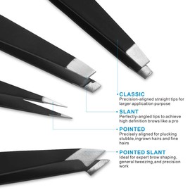 Triko Pinzas profesionales para depilar, cuidado y belleza personal, Set de pinzas de depilación de acero inoxidable de diferentes puntas para cuidado facial, Pinzas de acero inoxidable (Negro)