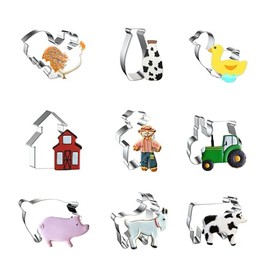 WJSYSHOP Farm Cookie Cutters 9-Pc Set – Rooster Chicken Milk Bottle Duck Barn Farm House Scarecrow Tractor Pig Sheep Lamb Goat Cow - A