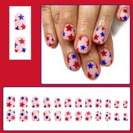 24 Pcs Acrylic Press on Nails Short Square RIICFDD 4th of July Fake Nails Nude False Nails with Star Designs Full Cover Glue on Nails for Women Girls Independence Day Nails