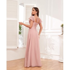 OFEECHUN Sage Green Long A Line Bridesmaid Dresses for Wedding 2024 Ruffle Sleeve Chiffon Formal Party Dress Size 8