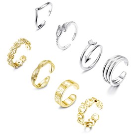 Sllaiss 8pcs Toe Rings for Women Thumb Knuckles 18K Gold White Gold Rose Gold Plated Toe Rings Simple Arrow Leaf Flower Adjustable Stackable Toe Rings Set Summer Foot Jewellery, Non-precious metal