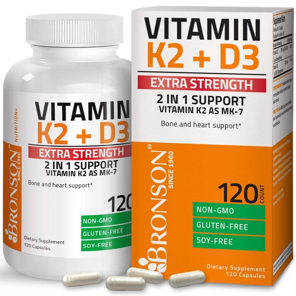 Bronson Vitamin K2 (MK7) with D3 Extra Strength Supplement Bone Health Non-GMO Formula 10,000 IU Vitamin D3 & 120 mcg Vitamin K2 MK-7 Easy to Swallow Vitamin D & K, 120 Capsules