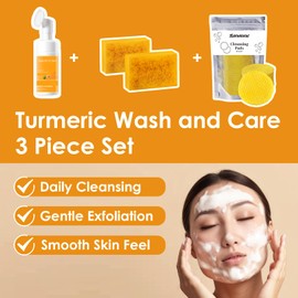 Turmeric Wash and Care Kit – Turmeric Face Wash with Brush, Exfoliating Facial Pads, Turmeric Oil and Cleansing Soap Bars– Jabon de Curcuma, Natural Skincare for Face & Body (3PC Set, Count, 4)
