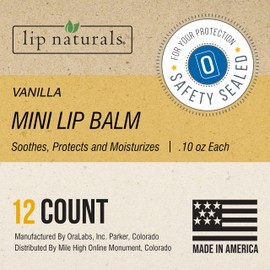 Lip Naturals® Mini Vanilla Lip Balm with Sunscreen (SPF-15) | Made in USA with Beeswax & Coconut Oil | 12-Count Pack with Vanilla Bean Flavor (0.10oz/3g Each)