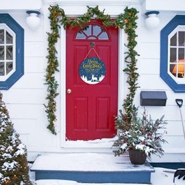 Merry Christmas And Happy New Year Wood Sign Plaque, Reindeer Snowflake Forest Wooden Wall Art Sign, Rustic Hanging Sign Decor for Living Room Farmhouse Porch Christmas New Year's Gift (12''x12'')