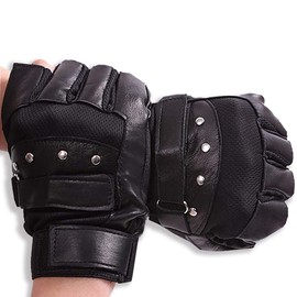 CHROME CRANE TB030 Men's Gloves, Leather, Fingerless, Biking, Cycling, Training, Black