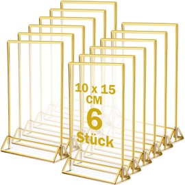 Kinmsito Golden Double-Sided Picture Frame, Pack of 6 Acrylic Gold Sign Holder, Table Stand, 10 x 15 cm, Vertical Stand Gold Frame for Wedding Table Numbers, Menu Holder, Photo Frame
