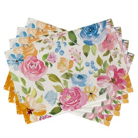 Seliem Spring Summer Floral Flower Placemats Set of 4, Watercolor Peony Leaves Dining Table Place Mats, Seasonal Kitchen Decor Home Decoration 12 x 18 Inch