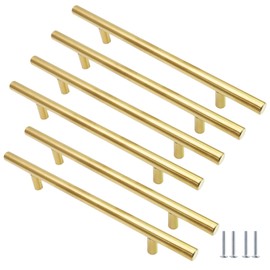 Cjueiom 6 Pack Gold Cupboard Handles 160mm Hole Center T Bar Handles, Stainless Steel Drawer Handles Long Wardrobe Door Handles Pulls, 250mm Length Kitchen Cabinet Handles for Bedroom Drawer