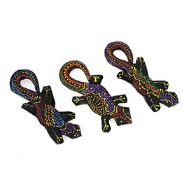 TEMPELWELT Decorative Figure Gecko with Magnet Set of 3, Albesia Wood Dotpainting Dot-Painted Colourful, 10 cm Long, Wooden Figure Lizard Fridge Magnet, Handmade from Bali