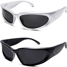 knliwkm 2 Pairs Y2K Wrap Around Sunglasses Sports Futuristic Oval Glasses for Women Men Trendy Fashion Shades Silver