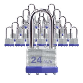 XanHen Laminated Steel Padlocks, 24 Pack, Blue, Keyed Alike, Long Shackle, for Hasp Latch, Sheds, Fences, Lockers, Schools, Gyms