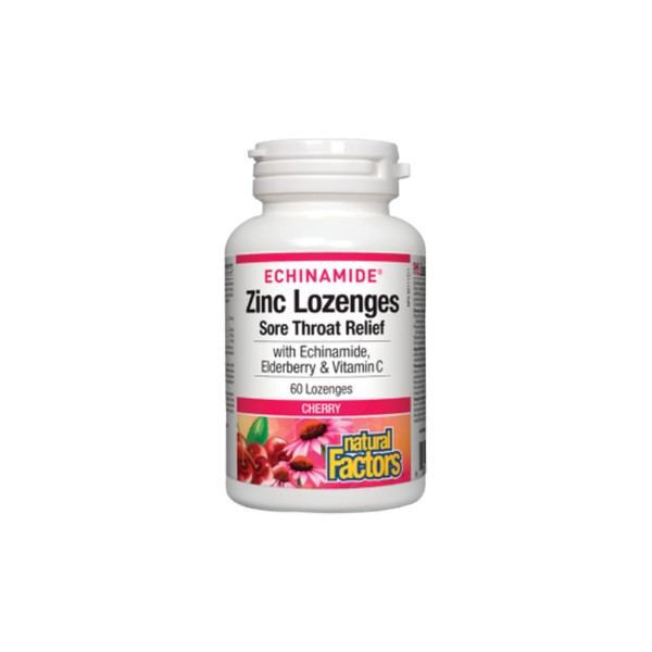 Natural Factors Echinamide Zinc Lozenges Sore Throat Relief (Cherry) - 60 Lozenges