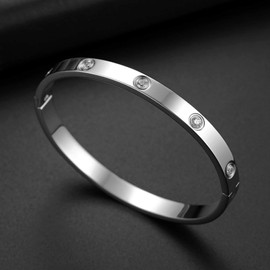 Flongo Women's Bangle Bracelet, Bracelet, Wristband, Classic, Simple, Stainless Steel, Zircon, Glossy, Popular, Female Power, Adult, Texture, Special Unique, For Her Mother, Valentine's Day, White