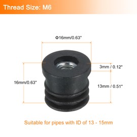 QUARKZMAN Pack of 6 Inserts for Round Pipe with M6 Thread, for 16 mm/0.63 Inch Outer Diameter Round Pipes, Round Black Plastic Cap, Roller Insert, Chair End Caps, Furniture Leg Plugs