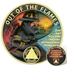 Leafence Firefighter AA Sobriety Coin Out of The Flames Recovery Token Alcoholics Anonymous AA Coins and Medallions One Day at a Time Sobriety Chip Sober Coin (Firefighter Sobriety Coin, 1 Year)