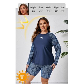 Halcurt Women Built in Bra Long Sleeve Bathing Suit 2 Piece Rashguard Sets Navy 3X