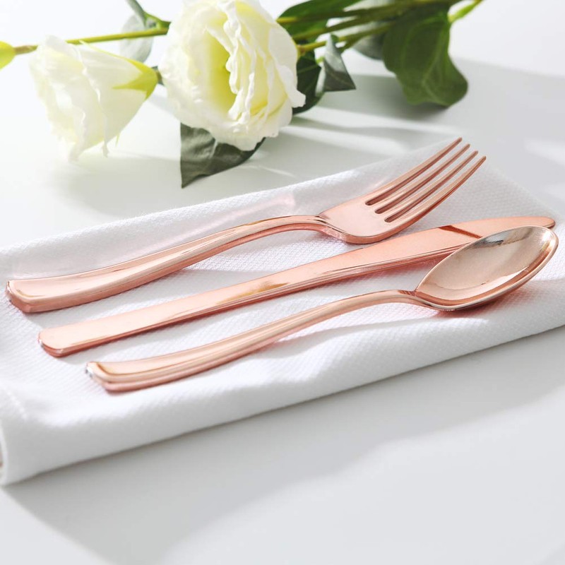 WDF 300 Pieces Rose Gold Plastic Silverware- Disposable Flatware Set