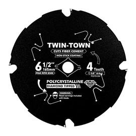 TWIN-TOWN PCDT61204 6-1/2 Inch 4 Tooth Polycrystalline Diamond Tipped (PCD) Hardie Fiber Cement Saw Blade with 5/8 Inch Arbor