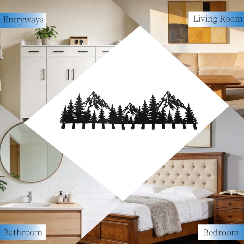 Large Black Mountain Wall Decor Coat Rack with 14 Hooks