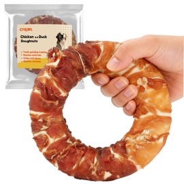 CYGJWL Dog Donut Treats,Chicken Duck Wrapped Rawhide Donuts(Plus Size),No Artificial Additives or Preservatives, Long-Lasting Dental Treat for Medium to Large Breeds,5.5inc Diameter, (6oz)