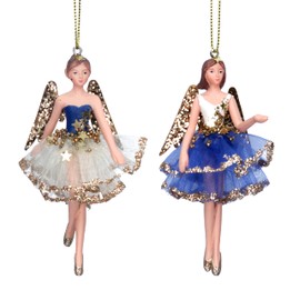 Gisela Graham Cream Blue & Gold Resin and Fabric 10 cm Fairy Decoration Set of 2