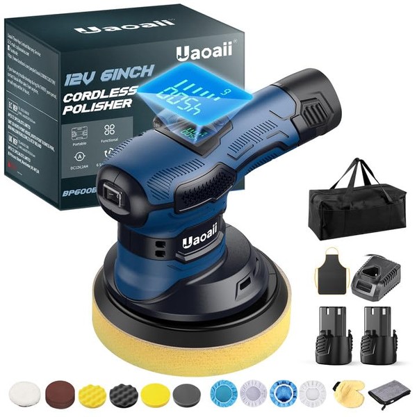 Cordless Polisher w/ LCD Display, Uaoaii 6-in Car Buffer Polisher w/ 2x2.0Ah Battery, 6 Variable Speed & Toolbag, 27Pcs Car Wax Buffing Machine Kit, Polisher for Car Detailing,Polishing,Boat Sanding