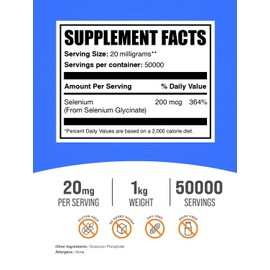 BulkSupplements.com Selenium Glycinate Powder - Selenium 200mcg, Selenium Supplement - Essential Trace Mineral & Gluten Free, 20mg per Serving, 1kg (2.2 lbs) (Pack of 1)